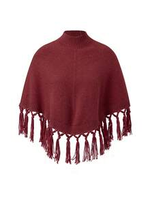 Womens Sweater Ponchos High Neck Loose Fit Solid Color Winter Tassel Capes And Shawls - Burgundy - View 6