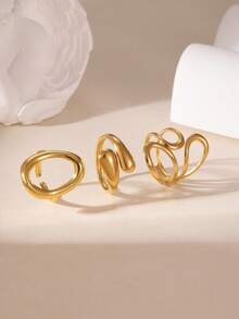 GEREIT 3pcs 18K Stainless Steel Chain O-Line Design Ring Set, Suitable For Women's Daily Wear - Gold - View 3