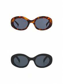 2pcs Retro Oval Women's Fashion Glasses, Cat Eye High-End European And American Fashion Street Style Glasses - Black Gray + Leopard Gray - View 3