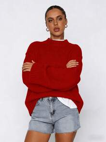 Oversized Mock Neck Sweater For Women - Lazy Vibe Layering Essential For Weekend Brunch & Daily Streetwear,Cozy Oversized Pullover - Minimalist Aesthetic Piece For Date Night & Back To School Outfits,Relaxed Fit Mock Neck Sweater - Easy-To-Style Layering Top For Vacation & Holiday Party Looks,Y2K Oversized Mock Neck Sweater - Retro Aesthetic Layering Top For Weekend Brunch & Y2K Streetwear,Y2K Sweater/Vintage Knit Top/ Cottagecore Sweater/Aesthetic Oversized Sweater/ Minimalist Knit Pullover - 紅色 - 查看 4