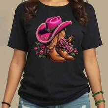 Herbstneu Trendiges Damen-Baumwoll-T-Shirt Mit Cowboyhut-Aufdruck Rundhals-Kurzarm Weiches Atmun - 黑色 - 查看 1