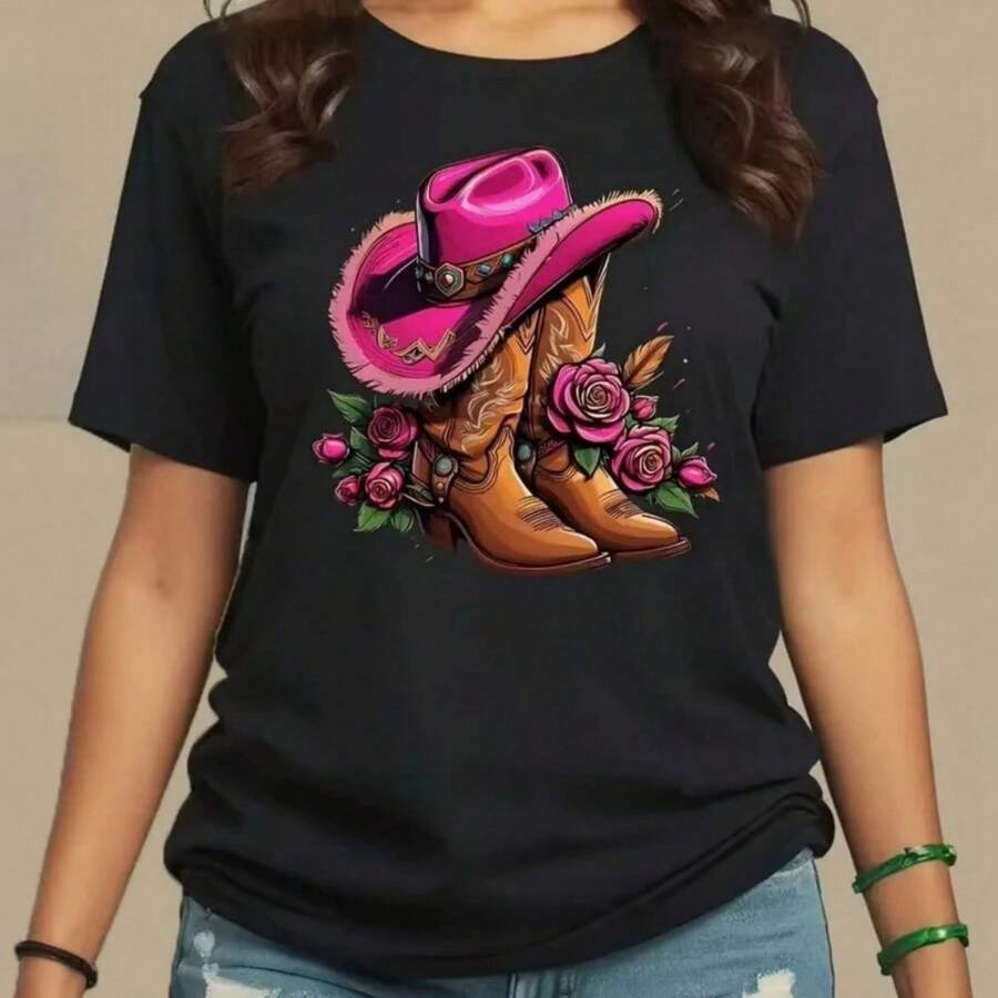 Herbstneu Trendiges Damen-Baumwoll-T-Shirt Mit Cowboyhut-Aufdruck Rundhals-Kurzarm Weiches Atmun - 黑色 - 查看 1