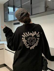 女款春秋冬季極簡百搭拼色字母愛心雙面印花休閒長袖T恤，韓版寬鬆慵懶日常街頭通勤羅紋中性圓領長袖上衣 - 黑色 - 查看 2