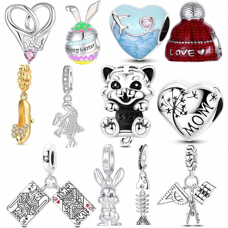 镀银吊坠 红桃Q和黑桃K 银兔鱼骨图尺子书指南针3合1 小老虎金蝴蝶高跟鞋 小红帽十字架 爱心 母女共舞系列串珠吊坠 适配原创手链串珠项链 DIY女式首饰 - 彩色 - 查看 1