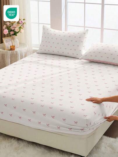 1pc Digital Printed Fitted Sheet, Bedding, Pink Bow Pattern, Mattress Protector, Skin-Friendly Bed Cover, Fitted Sheet, Comfortable Home Textile, Breathable Anti-Pilling Mattress Protector, Soft & Skin-Friendly, Bed Cover, Home Decor