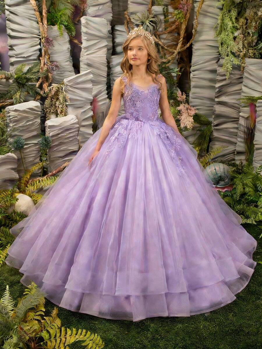 Elegant Sweetie Lace Appliqués Mesh Long Flower Girl Dresses  Princess Pageant Dresses For Girls Kids Party Ball Gowns,First Communion Dress,Tween Girls Princess Dress,Birthday,Wedding Or Photoshoot Outfit,Dance Performance Dress,Piano Performance Dress,Perfect For Shows,Birthday Parties,Vacations,Pageant,Prom Dress - Màu tím - Xem 1