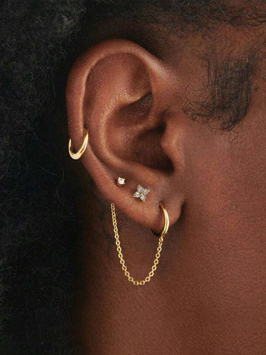 3pcs/Set Middle Eastern Ramadan Zirconia Clover Stud Earrings With Tassel, All-In-One Earring Set, Suitable For Teenagers Daily Wear - Gold - View 1