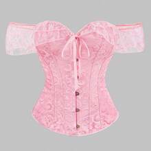 1件加大码女士复古宫廷风蕾丝胸衣，露肩系带露背紧身正式礼服，婚礼服饰 - 粉色 - 查看 13