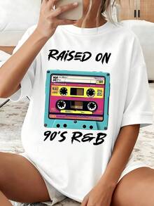 Vintage 90s R&B Colored Tape "Raised On 90's R&B" Printed White Loose-Fitting T-Shirt Women's Retro Music Style Top - White - View 6