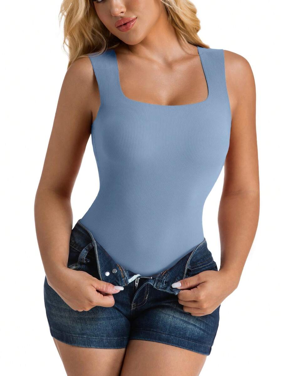 Women's Built-In Bra Tank Top Wide-Strap Square Neck Ribbed Slim Fit Summer Wirefree Shelf Padded Tank Shirts - Màu xanh bụi bặm - Xem 1