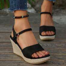 Women's Fashion Wedge Sandals, Black Rope Bottom Thick Sole Wedge Sandals, Spring/Summer New Arrival - Black - View 4