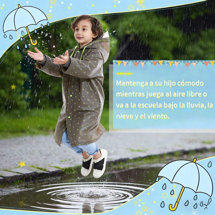 Conjunto de impermeable para niños, Impermeable infantil con estampado de estrellas - Ropa de lluvia impermeable para bebés,  adecuado para niños de 6 a 12 años. Plegable para fácil almacenamiento y portabilidad. - Gris - Ver 1