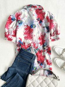 Women's Casual Vacation Style Loose Lantern Sleeve Button Tie-Dye Pattern Short Sleeve Shirt, Spring/Summer - Multicolor - View 4