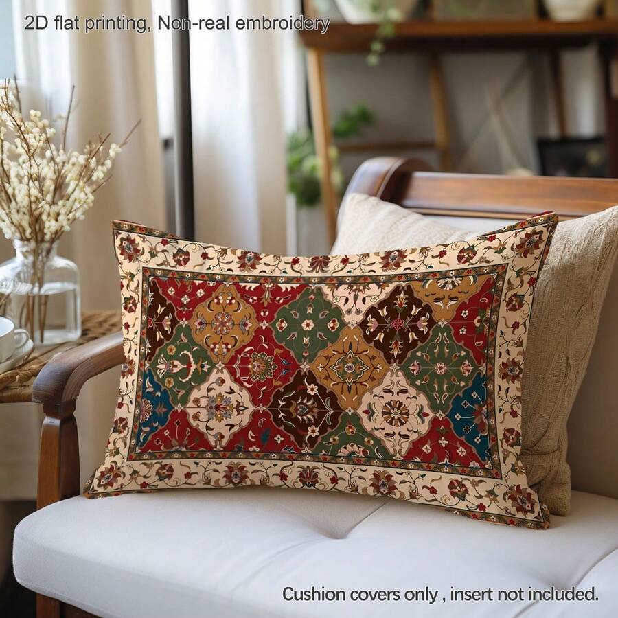 MEMNUN 1 chiếc vỏ gối trang trí họa tiết thảm Ba Tư Bohemian cổ điển, hình học đối xứng, hoa văn nhiều màu sắc (không kèm ruột gối), làm từ vải nhung màu đào, in một mặt, dùng trang trí cho ghế sofa, giường, phòng ngủ, văn phòng, khách sạn, dùng được quanh năm, làm quà tặng. - Nhiều màu - Xem 1