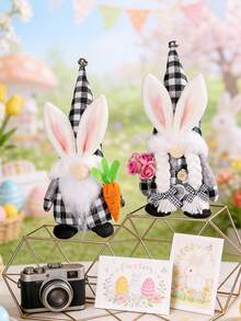 经典复活节小矮人装饰，长腿兔耳复活节小矮人，配胡萝卜和鲜花，送给妻子和母亲的礼物，瑞典兔子桌面装饰多层托盘，复活节兔子装饰，复活节桌面装饰，办公桌配件，春季壁炉架装饰 - 彩色 - 查看 2