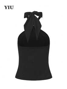 Canotta nera in maglia da donna, con decorazione ad anello dorato, lunghezza regolare, taglio aderente, senza maniche, nuova collezione estiva - nero - Visualizzare 7