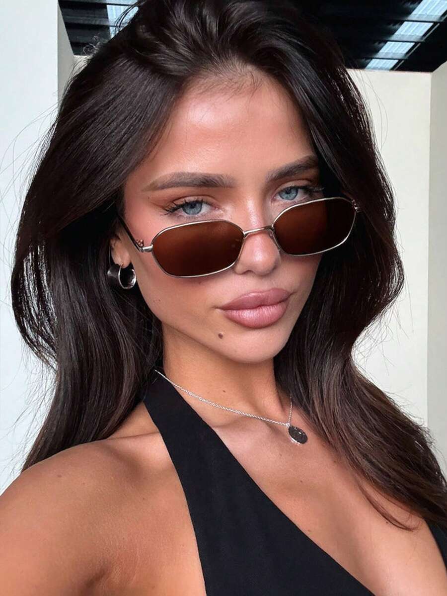 1pc Retro Small Frame Metal Women's Fashion Fashion Glasses, Personalized Eyewear For Summer Beach Vacation Accessories - Brown - View 1