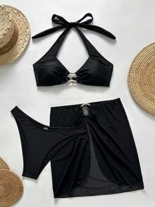 Set de 3 trajes de baño de unicolor sin espalda para vacaciones en la playa de verano para mujeres - Negro - Ver 4