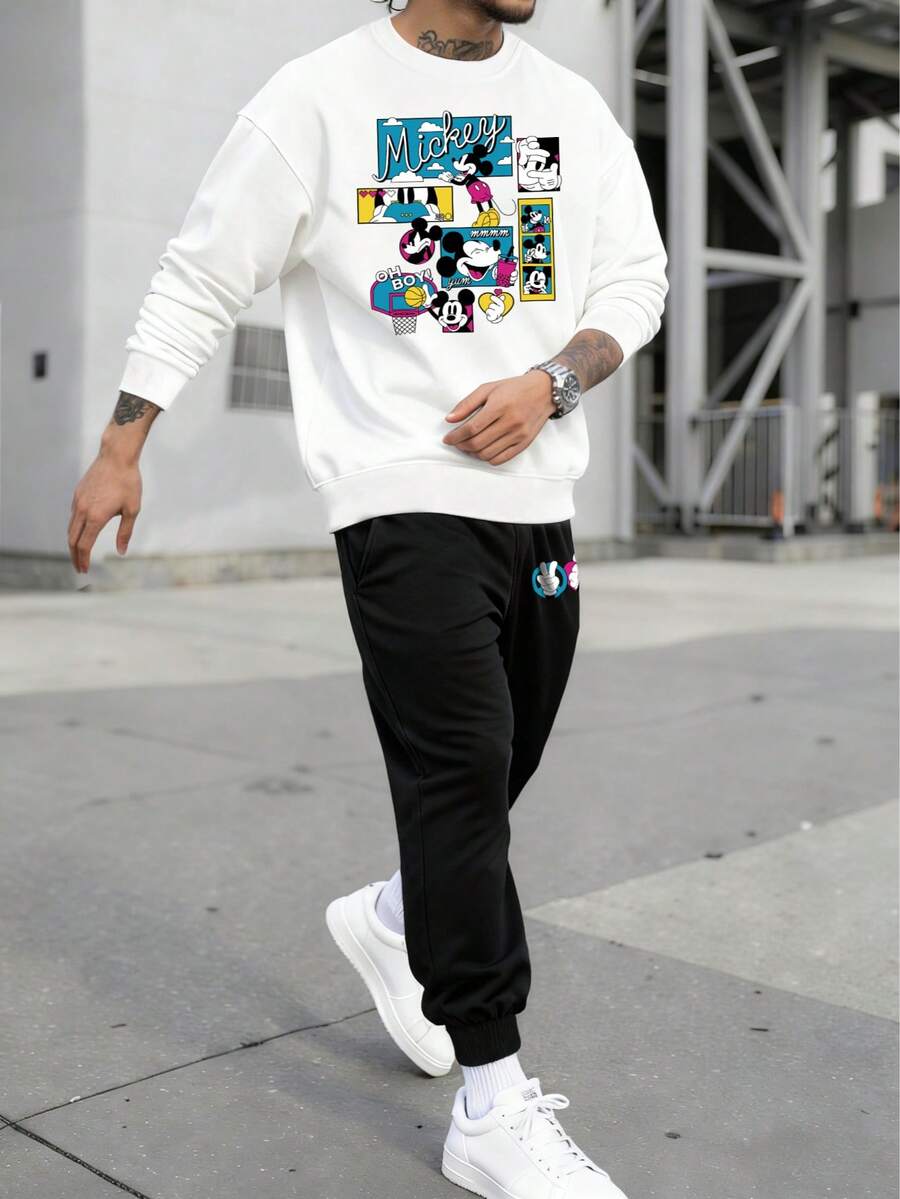 Disney A Round-Neck White Long-Sleeved Sweatshirt With A Mickey Mouse Print Of "Entertainment Time" And Paired With Black Casual Cropped Trousers.Men 2 Pieces Set.Men Fall Clothes. - trắng - Xem 1