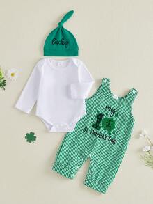 Conjunto de primavera para bebé niño de Irish Day, mono liso de manga larga con estampado de trébol a cuadros, pantalones y gorro anudado, conjunto de 3 piezas, ropa sencilla para festivales de ocio, ideal para 0 a 18 meses - Verde - Ver 6
