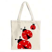 Red Ladybugs With Black Spots On A Gradient Background Canvas Tote Shoulder Bag - Beige - View 1