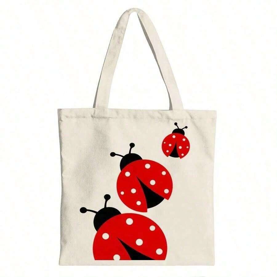 Red Ladybugs With Black Spots On A Gradient Background Canvas Tote Shoulder Bag - Beige - View 1