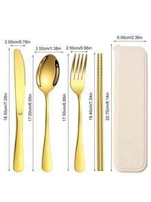 4 件套不锈钢便携式餐具套装，带盒旅行用具，可重复使用的露营餐具套装，包括叉子、勺子、筷子和盒子，适用于西餐厅、厨房、午餐盒、办公室、野餐、日常用餐、圣诞节、各种组合作为圣诞礼物 - 金色 - 查看 5