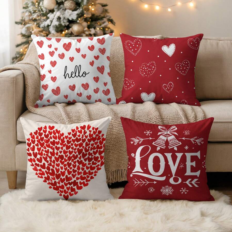 4 件装情人节抱枕套，18x18 英寸/45x45 厘米，情人节装饰，红白波点爱心设计，天鹅绒材质，不含枕芯 - 彩色 - 查看 1