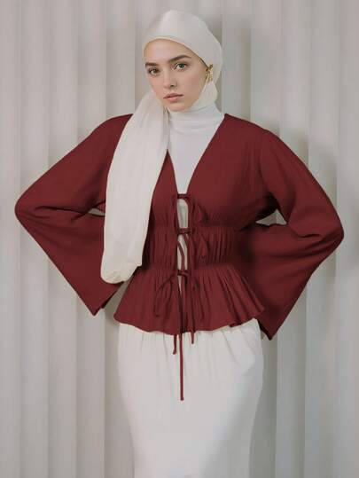 Blusa para mujer musulmana, camisa de manga acampanada, elegante top de manga larga de corte slim