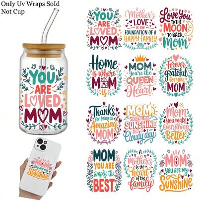12pcs Spanish Mom Theme UV DTF Cup Stickers, Suitable For DIY Coffee Cups, Bright Waterproof Self-Adhesive, Spanish Mother's Day Quotes Transfer Paper, Easy To Apply On Glass And Smooth Surfaces