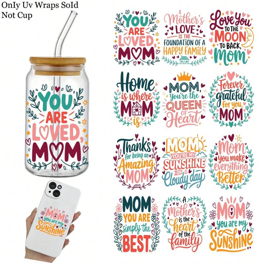 12pcs Spanish Mom Theme UV DTF Cup Stickers, Suitable For DIY Coffee Cups, Bright Waterproof Self-Adhesive, Spanish Mother's Day Quotes Transfer Paper, Easy To Apply On Glass And Smooth Surfaces - Multicolor - View 1