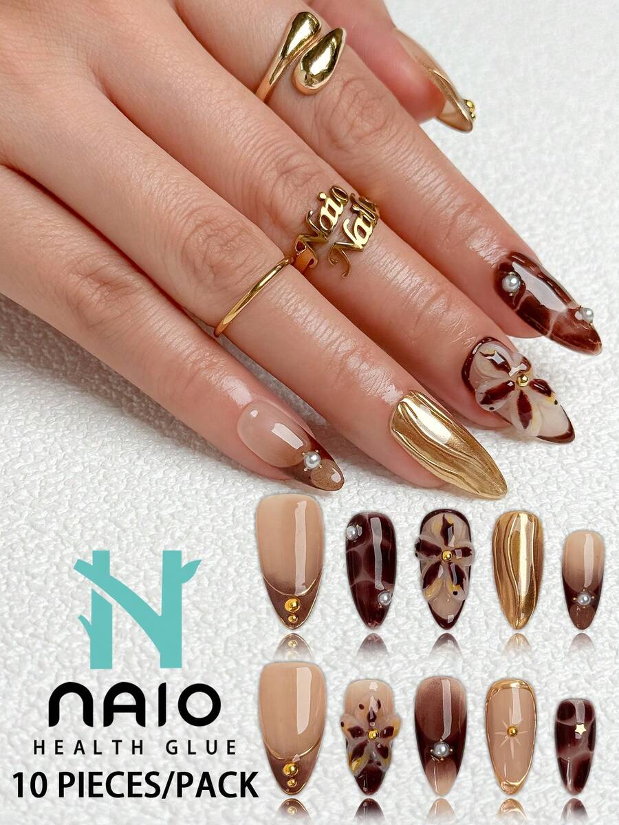 NAIO 10 sztuk/zestaw. Naklejki na paznokcie Almond Handmade Nails Y2K Baddie Style, w kolorach nude, złotym i brązowym, z francuskimi brzegami, trójwymiarowymi rzeźbionymi kwiatami i francuskimi wzorami ze stopu chromu, zdobione złotymi i perłowymi zdobieniami. Odpowiednie dla kobiet i dziewcząt, idealne na imprezy i na co dzień. W zestawie zestaw narzędzi do zdobienia paznokci. Piękny prezent dla kobiet i dziewcząt. - Wielokolorowe - Zobacz 1