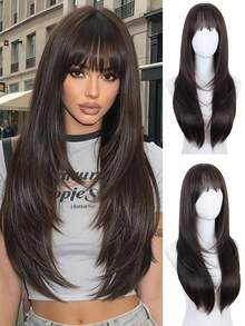 DZfirst 26 Inch Glueless Natural Black Wig For Women, With Bangs - Long Straight Layered Fashion Synthetic Hair, Pre-Bleached Lace Bangs, Realistic Scalp Design, Upgraded Premium Fiber, Wear And Go, Suitable For All Races, Wig, Easy To Wear, Elegant Hair Solution - Ombre Gold/Ombre Brown/Gold/Dark Brown/Ginger Copper - Multicolor - View 17