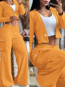 2 Piece Set : Women's Fashion Black Geometric Print Long Sleeve Crop Top & Cargo Pants |   V-Neck Button-Up Top Pants With Drawstring Waist |   Casual Y2K Style Spring Winter Clothes, Vacation New Years Valentine Outfits For Women - 黃色 - 查看 3