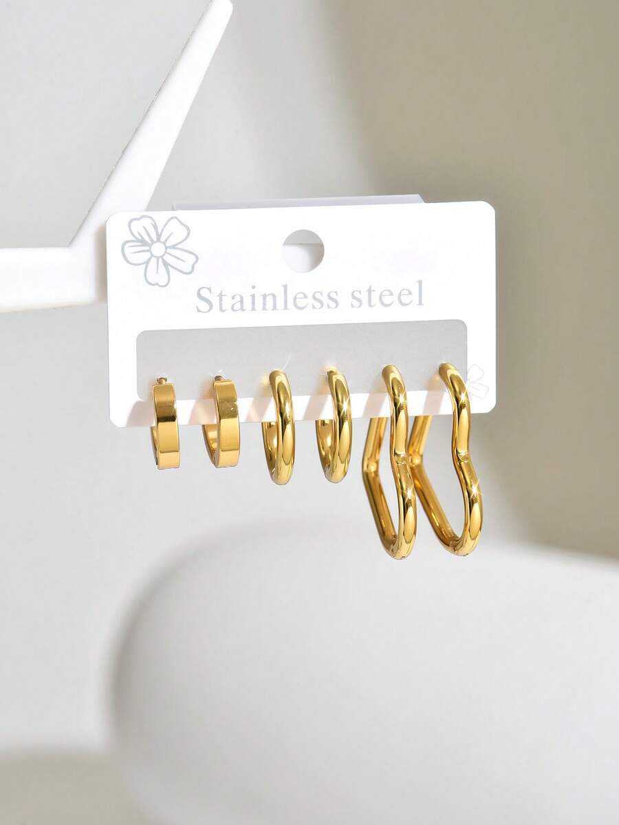 3对18K镀金不锈钢简约优雅设计耳环，百搭女士耳环 - 彩色 - 查看 1