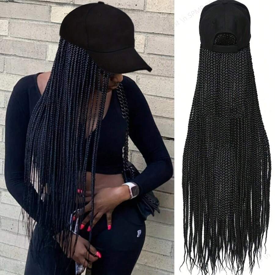 Long Box Braid Hair Wig With Baseball Cap - Synthetic Hair Attached - Perfect For Women's Baseball Cap Look