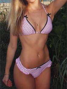 Women Y2K Polka Dot Bikini Sets Halter String Triangle Top Bottoms Summer Ruffle Bathing Suit 2 Piece Swimwear - Hồng - Xem 1