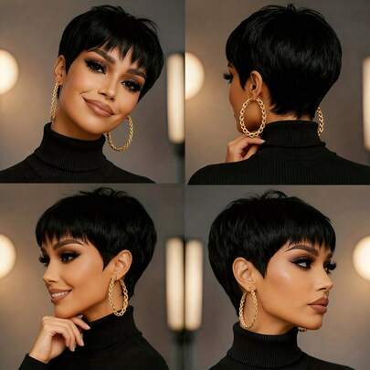 女士巴西 Remy 真人发假发 | 5 英寸自然短直发精灵头带刘海 - 180% 密度，无胶玫瑰网帽，无需维护，瞬间蓬松自然，敏感头皮友好，日常佩戴短发替代品。