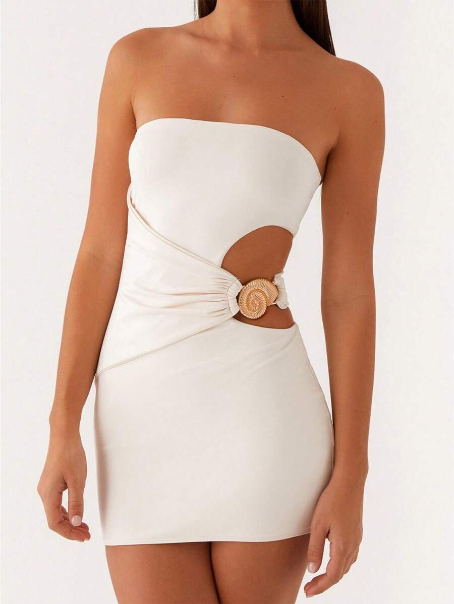 Women's Slim Fit Mini Dresses 2026 Summer Y2K Club Night Out Party Solid Strapless Tube Short Bodycon Dress - Màu be - Xem 1