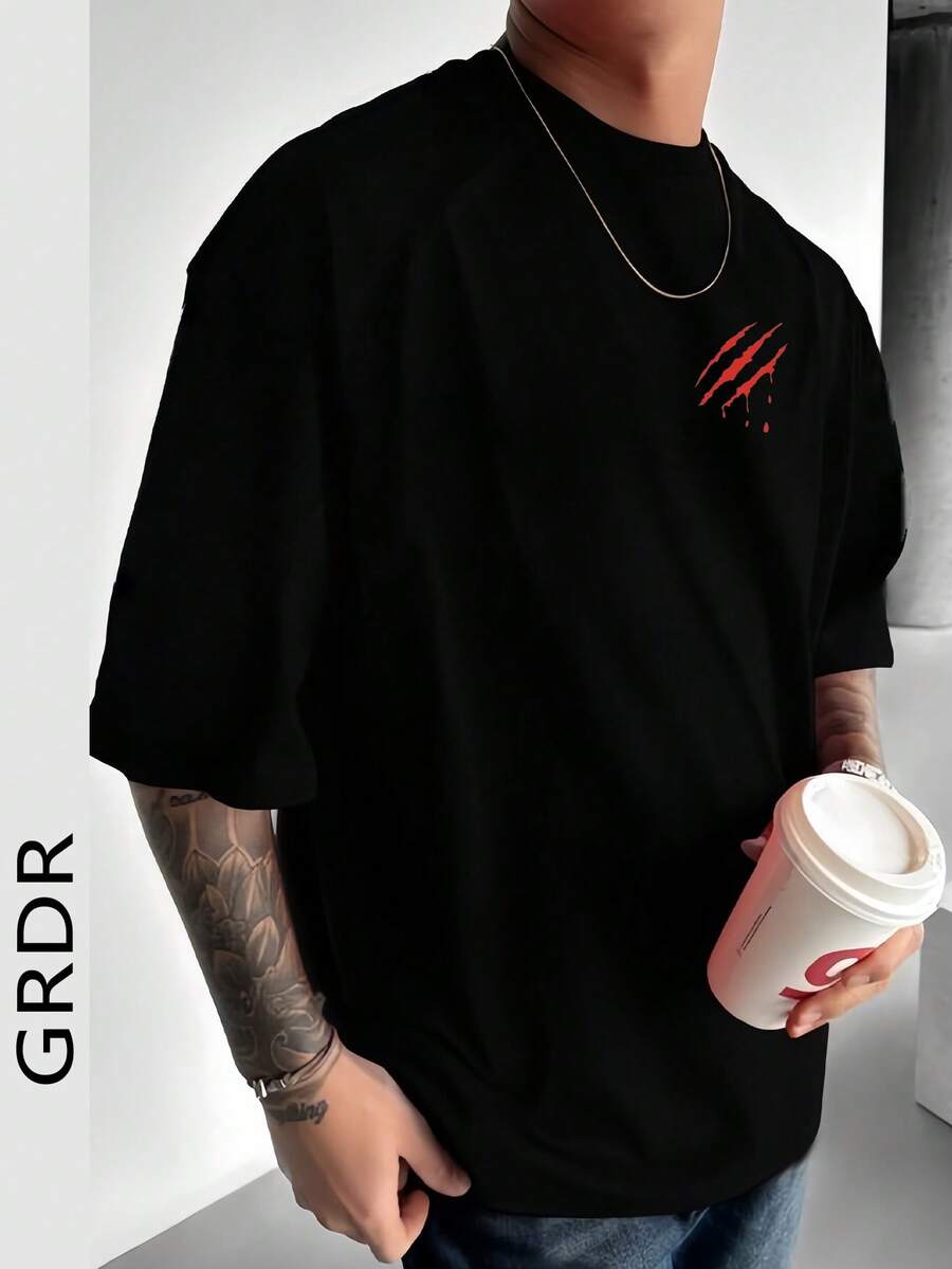 GRDR Men's Summer Claw Print Round Neck Short Sleeve T-Shirt, Comfortable & Fashionable - Black - View 1