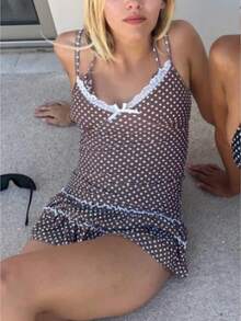 Women Y2k Mini Dress Fairy Grunge Lace Trim Sleeveless Spaghetti Strap Cami Dress Striped/Polka Dot Print Ruffle Hem Slim Fit Short Dress Going Out Dress Summer Beach Vacation Dress For Teen Girls Streetwear Aesthetic Clothes - 棕色 - 查看 1