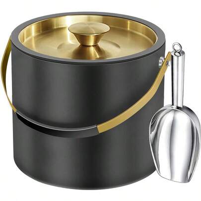 3.4QT Modern Insulated Ice Bucket With Silicone Lid, Scoop, Strainer, Double Wall Stainless Steel Ice Bucket For Parties Amp Cocktail Bar,Ideal For GiftBlack