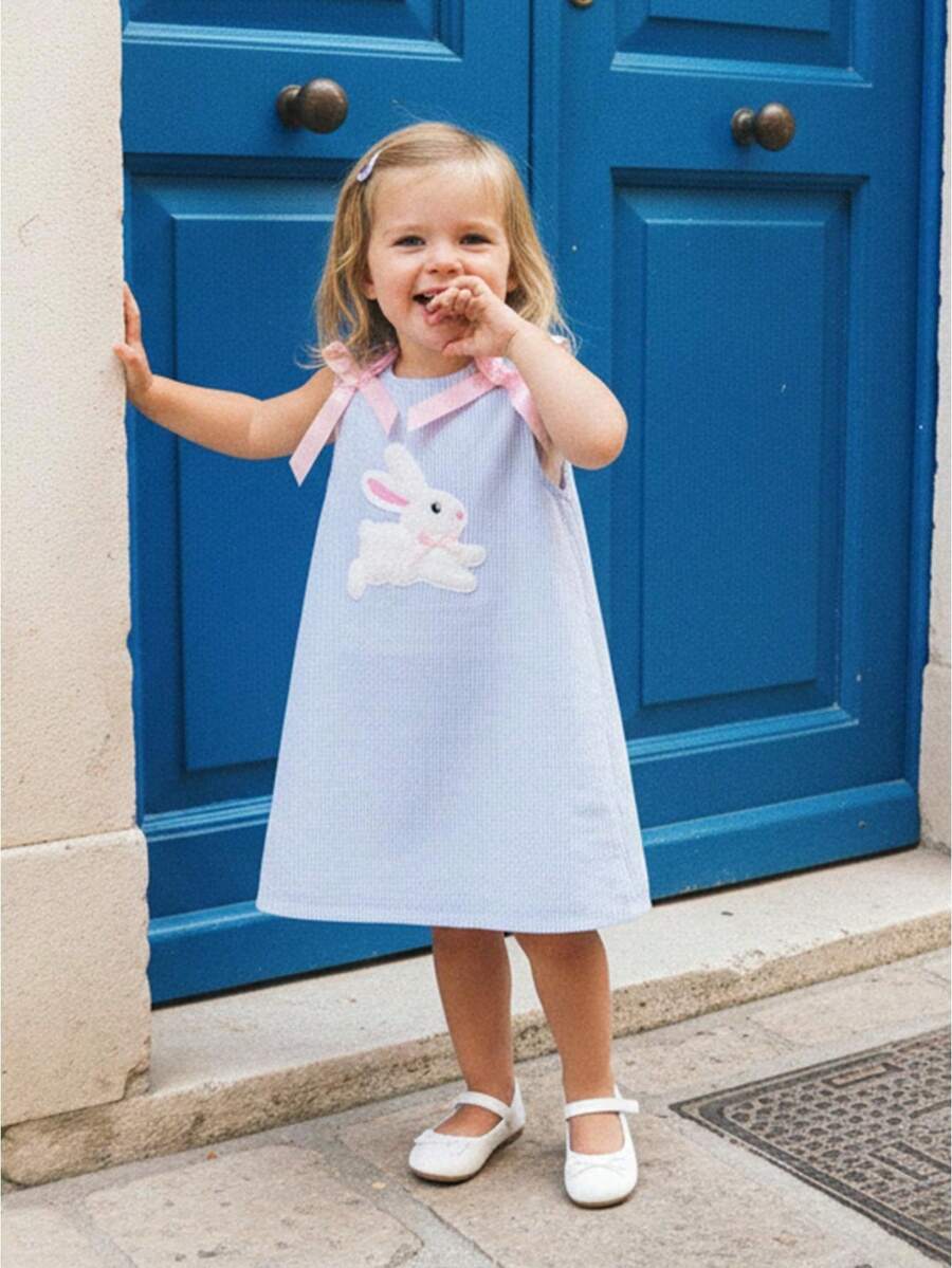 Kids Toddler Baby Girl Easter Dress Bunny Embroidery Sleeveless Striped Dress Cute Summer Clothes - 藍色 - 查看 1