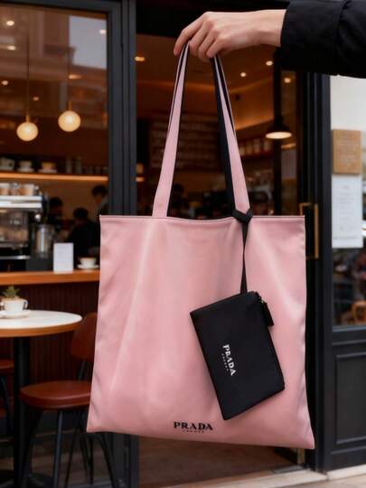 Prada Pink Tote Bag With Detachable Black Pouch, Coated Canvas Cosmetic Organizer Set , Travel Makeup Bag Duo