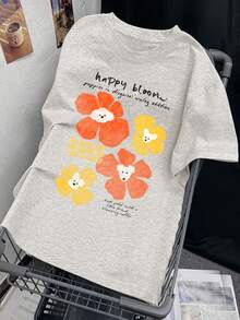 1件女士休闲宽松T恤，2026春夏新款，花卉和小狗图案设计，甜美学院风，百搭圆领上衣 - 淺花灰 - 查看 4