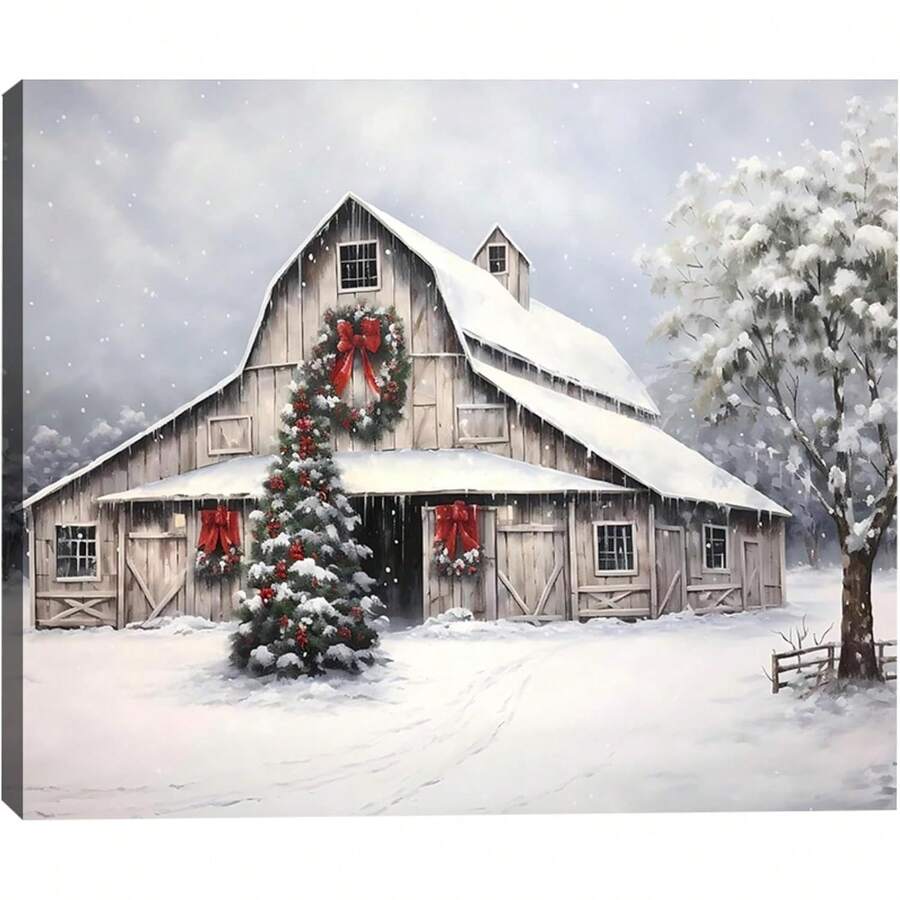 Arte de pared navideño xinch, imágenes de granja, decoración de pared, escena de nieve de invierno, impresión en lienzo, decoraciones de arte para el hogar, baño, sala de estar, dormitorio - transparente - Ver 1