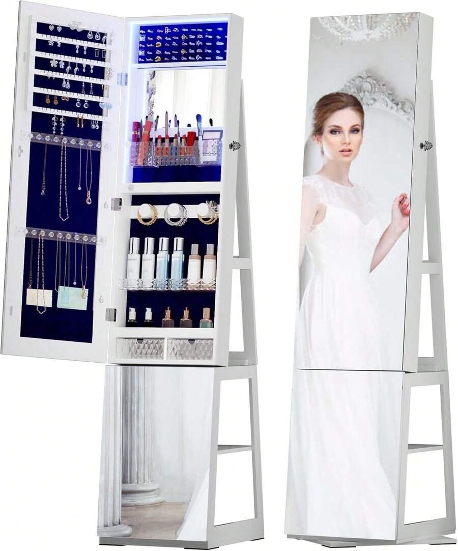 Vlsrka Armario de Joyería Con Espejo de Cuerpo Entero, Giratorio 360°, Organizador de Almacenamiento, Luces y 4 Estantes - Blanco - Ver 1