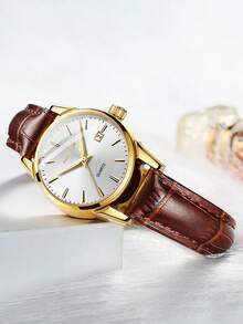 Girl's 30M Waterproof Watch Luminous Dial Mineral Glass Leather Strap Casual Quartz Wristwatch - Gold - View 4