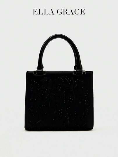 ELLA GRACE - 黑色迷你手提包，饰有刺绣细节和人造珍珠，配有顶部提手和可拆卸肩带，磁扣翻盖，甜美风格，适合购物或正式场合。