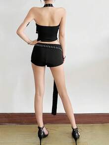 Women's Micro Shorts Low Waist Belted Rave Club Mini Shorts Low Waist Rivet Micro Shorts Slim Fit Boyshorts Goth Rave Mini Bottoms - Black - View 7